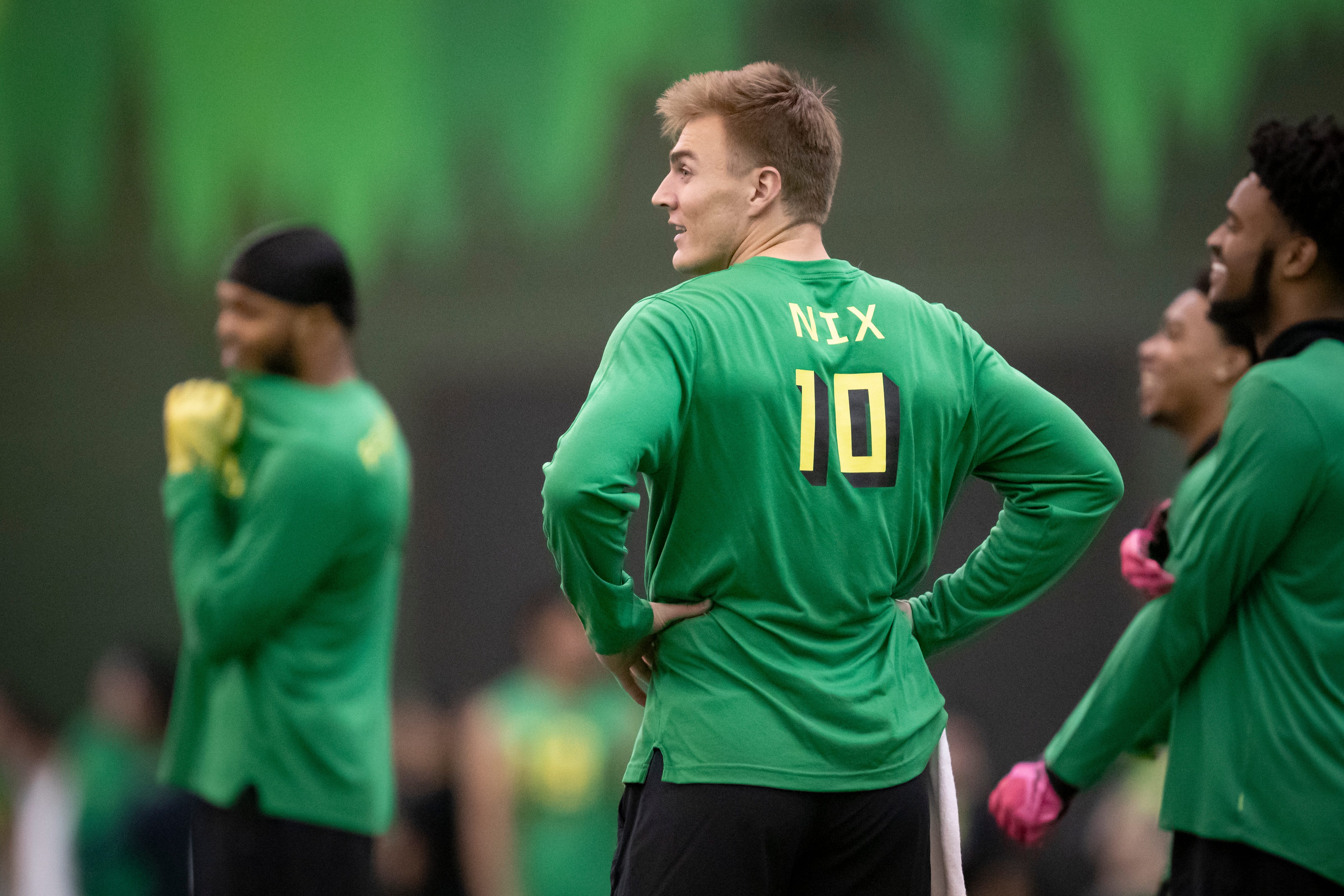 Oregon quarterback Bo Nix in Eugene at the Ducks' 2024 Pro Day.